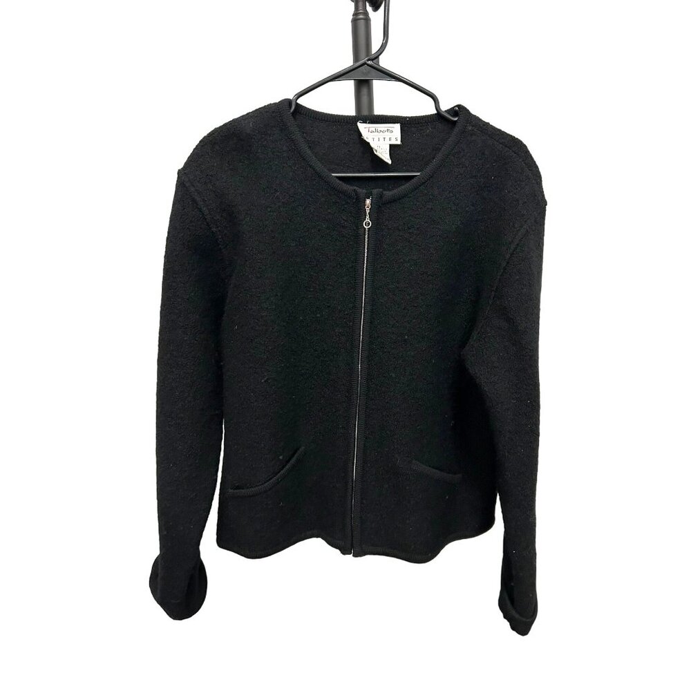 Vintage 90s Talbots Petites Black Wool Blend Zip Up Sweater Jacket Sz LP